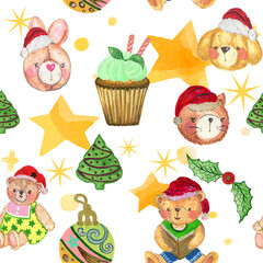 Seamless pattern with Christmas botanical plants, flowers nature and toy doll cute