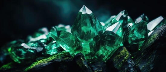 Rough raw emerald crystals on rock