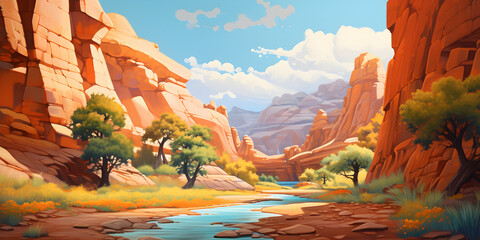 painting of the canyon landscape, a picturesque natural environment in harmonious colours