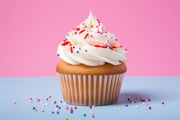 Photo of a cupcake with colorful sprinkles on a pale pink backdrop. Generative AI