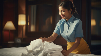Indian female chambermaid or housekeeper working. - obrazy, fototapety, plakaty