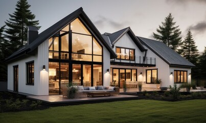 Fototapeta na wymiar A modern minimalist house with contrasting black roof and windows