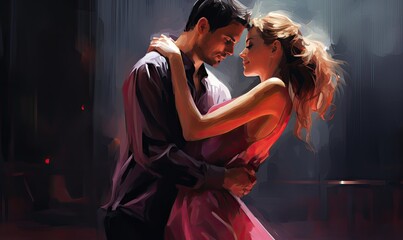 A vibrant painting capturing the joy and elegance of a couple dancing together