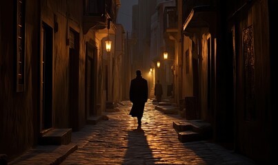 A man walking down a dimly lit street at night