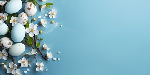 Obraz na płótnie Canvas Blue easter eggs with flowers and a nest on a blue , 