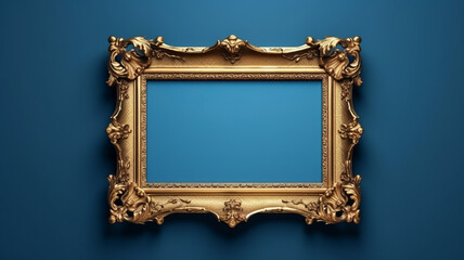Antique frame on royal blue wall, dark lighting,generative ai
