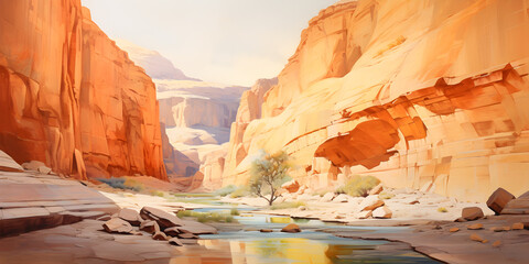 painting of the canyon landscape, a picturesque natural environment in harmonious colours