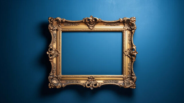Antique frame on royal blue wall, dark lighting,generative ai