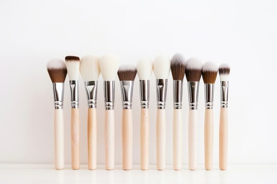 Photo of a set of makeup brushes on a pristine white table. generative ai