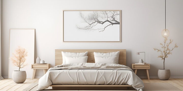 On a bedrooms white wall is a mock up of a horizontal poster frame, Horizontal Poster Frame in Bedroom Interior Mockup"