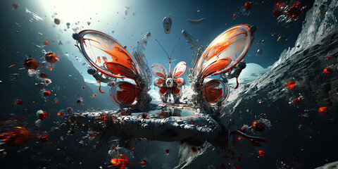 Two unusual butterflies with wings in the form of fire and water  - obrazy, fototapety, plakaty