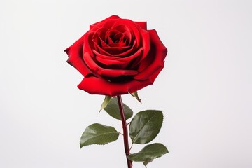 Photo of a vibrant red rose on a solid white background. Generative AI