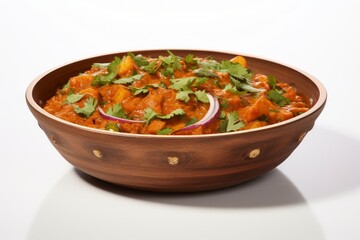 Photo of a traditional Indian curry dish on a crisp white backdrop. Generative AI