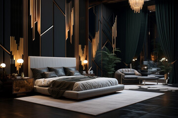 Luxury art deco Hollywood regency-styled bedroom interior.  Black walls, gold.