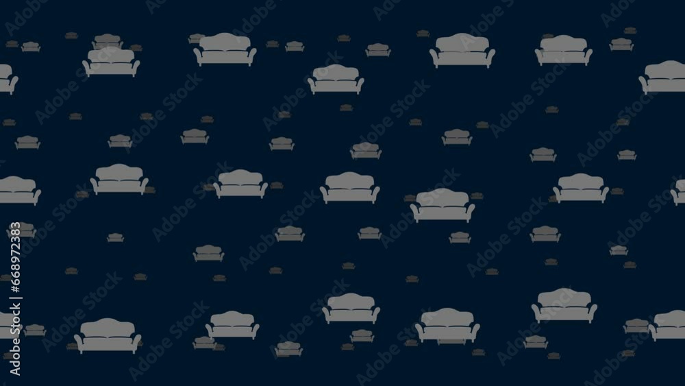 Poster sofa symbols float horizontally from left to right. parallax fly effect. floating symbols are locate