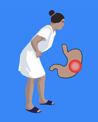 Vector isolated illustration of woman with stomach ache. The girl is holding her stomach. Stomach diseases.