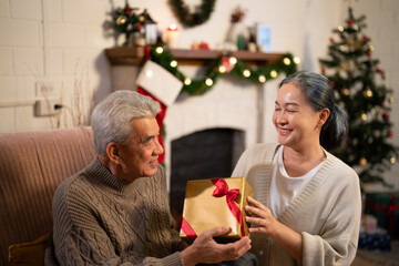 Obraz na płótnie Canvas Asian senior couple grandmother happy to send gift box for grandfather with forever love feeling while sitting on a couch near fireplace in living room at Merry Christmas night at homey