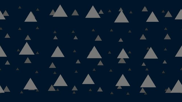 Triangle symbols float horizontally from left to right. Parallax fly effect. Floating symbols are located randomly. Seamless looped 4k animation on dark blue background