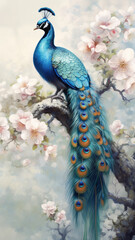 Obraz premium Watercolor Painting of Peacock on Flower.generative ai