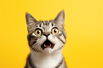Obraz premium Cute cat looking surprised on yellow background, closeup, copy space