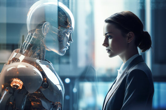 A young business woman meeting virtual human. Artificial intelligence interacting concept.