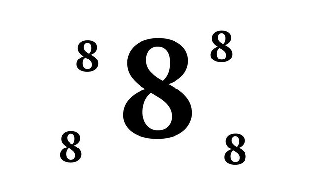 Zoom in and out animation the number eight symbol. Large black symbol in the center and four small symbols around. Seamless looped 4k animation on white background