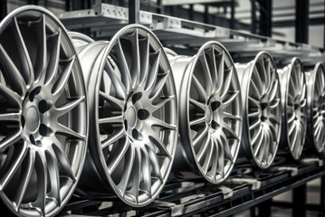 Alloy wheels automobile on service center racks. Auto replacement wheels in transport garage. Generate ai