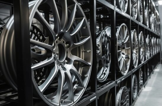 Closeup photo of wheels automobile on service center racks. Metal car disks on shelves in auto garage. Generate ai