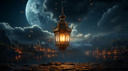 Realistic Moroccan lantern hanging in the sky. AI generative