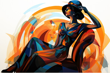 Colorful geometric art deco style woman in a hat creative silhouette.