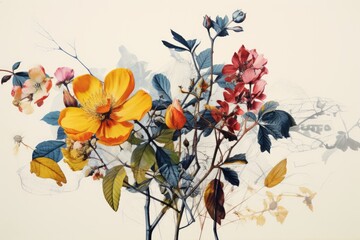 Hybrid collage combining photographs of flowers and drawings of flowers 