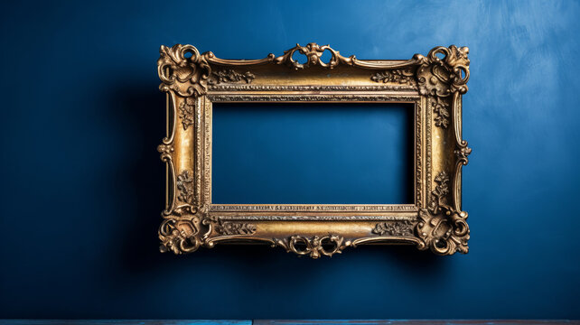 Antique frame on royal blue wall, dark lighting, generative ai.