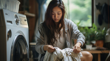 Asian female washing blankets with washing machine at home, generative ai