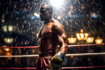 Fototapeta na wymiar portrait of a boxer, male boxer stands poised