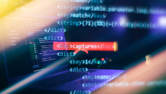 IT specialist workplace. Computer code data. Project managers work