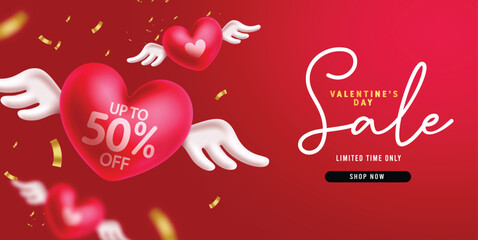 Valentine's day sale text vector banner design. Happy valentine's greeting promo shopping discount with balloons heart flying for clearance sale. Vector illustration season hearts day advertisement.
 - obrazy, fototapety, plakaty