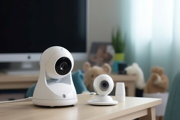 White baby camera on table. Control safety video device for children. Generate ai