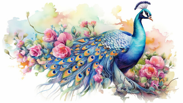 Watercolor Painting of Peacock on Flower. generative ai