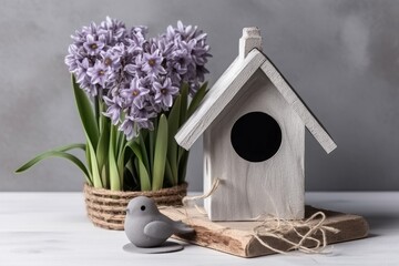 Fototapeta na wymiar Wooden bird house near the potted hyacinth flower. Welcome spring season with birds and blossom flowers. Generate ai