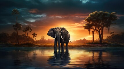 elephants at sunset - obrazy, fototapety, plakaty