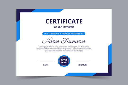 Modern elegant blue certificate template. Appreciation for business and education. Vector illustration