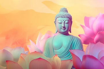 Buddha statue through pastel lotus flowers. Spiritual peaceful meditation Buddhist sculpture. Generate ai