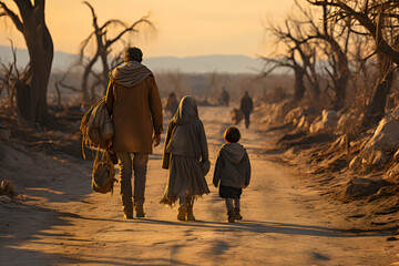 A refugee family escaping the ravages of war - obrazy, fototapety, plakaty