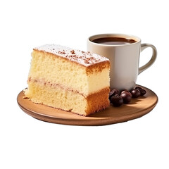 A piece of sponge cake with cup of coffee isolated on transparent background
