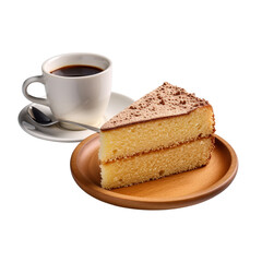 A piece of sponge cake with cup of coffee isolated on transparent background