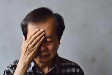 Eye strain, dizziness or headache of Asian elder man. AI generative