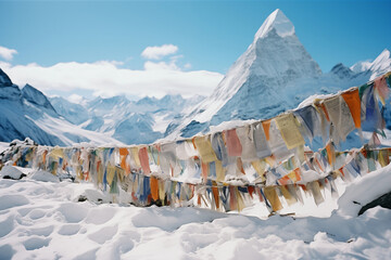 A serene winter landscape featuring snow-covered mountains and vibrant prayer flags, creating a scene of natural beauty and cultural significance.