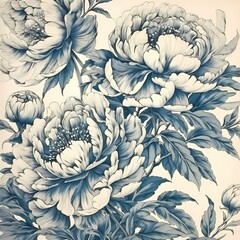 seamless pattern of blue line peony drawing in Chinoisorie style