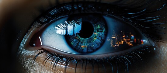 Cityscape reflected in abstract screen in room with window