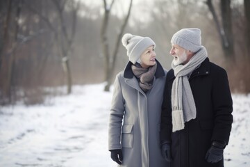Senior couple winter outdoor walking. Nature beauty season walk snow. Generate Ai